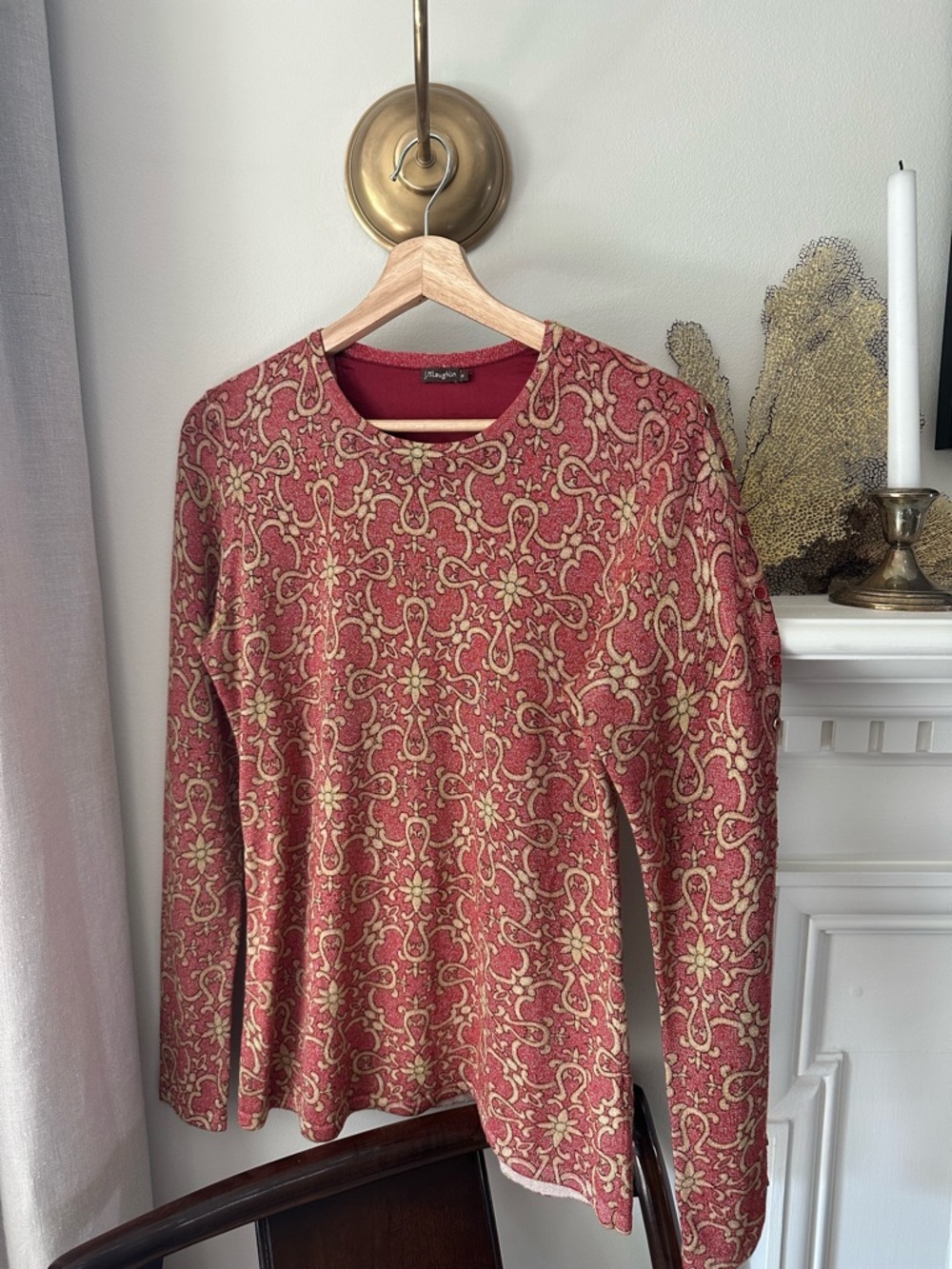 J. McLaughlin Red and Cream Patterned Long Sleeve Top